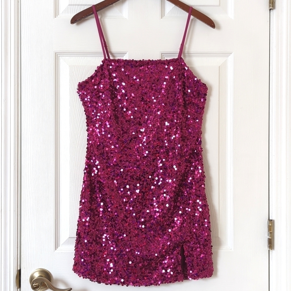 Wild Fable Sequined Sleeveless Lace Up Back Mini Party Dress Magenta Pink Medium